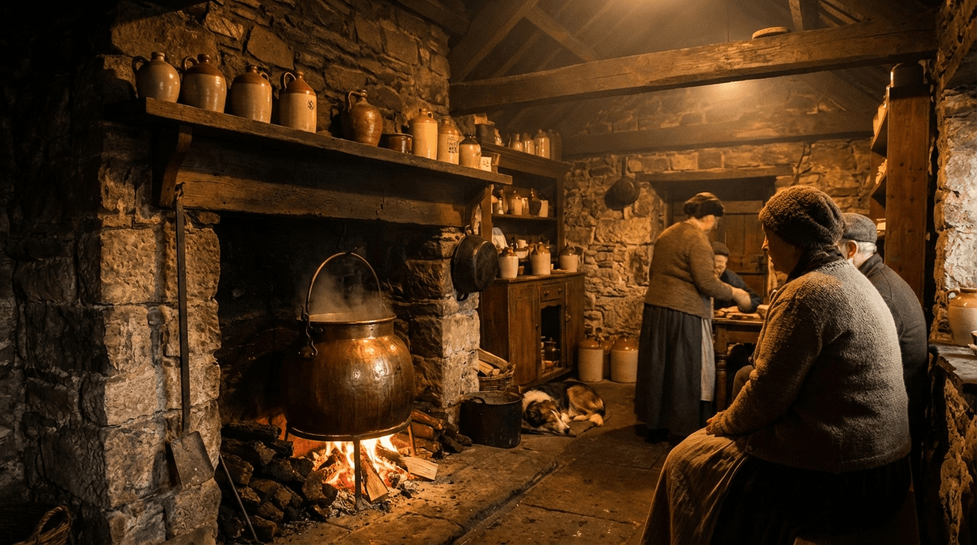 Traditional copper poitín still in rustic Irish cottage setting with peat fire glowing, historic moonshine production scene