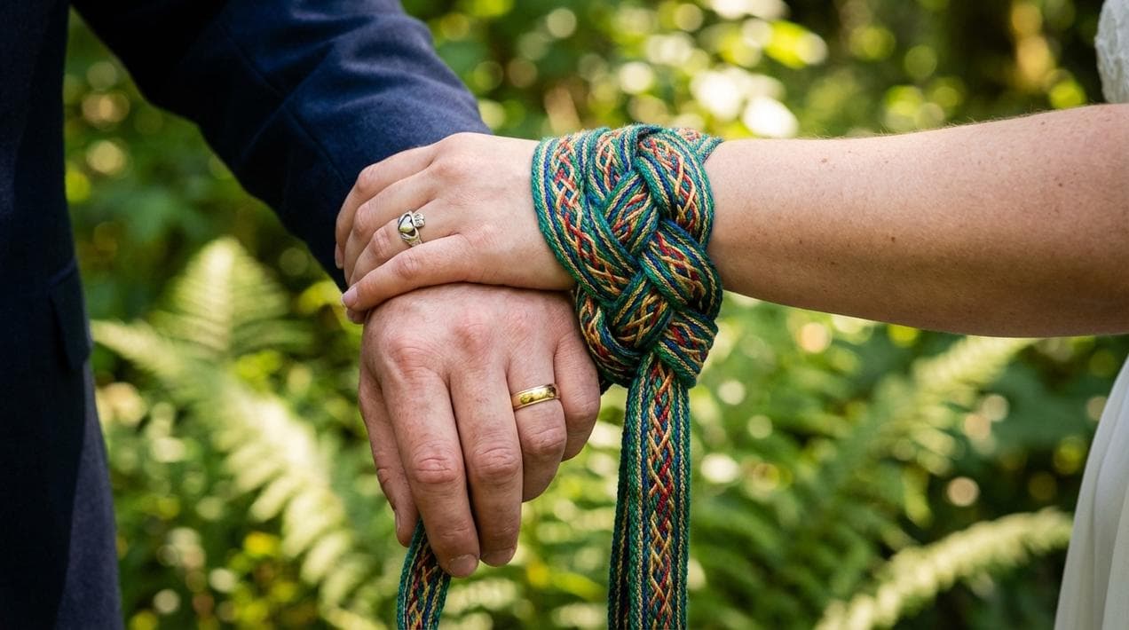 Traditional Celtic Handfasting ritual during an Irish wedding ceremony.