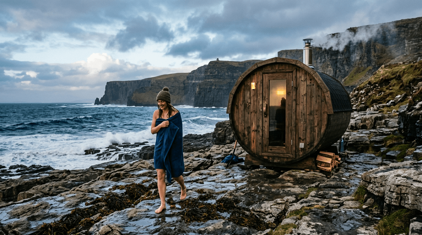 Enjoying a wood-fired sauna on the coast of County Clare after a freezing Atlantic swim.