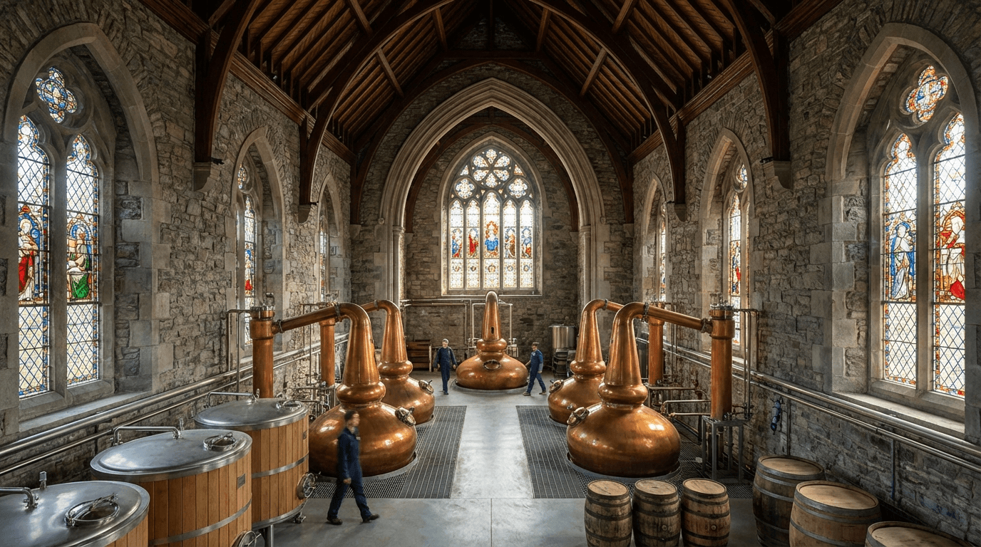 Interior of Pearse Lyons distillery showing copper stills installed inside converted church with stained glass windows and high ceilings