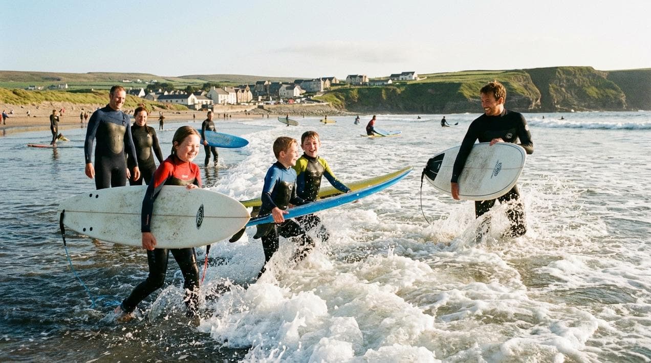 Kids taking a surf lesson at Lahinch Beach on the Wild Atlantic Way.