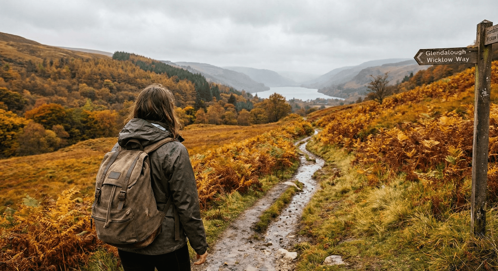 Solo traveler walking through autumn Wicklow Mountains with budget backpack