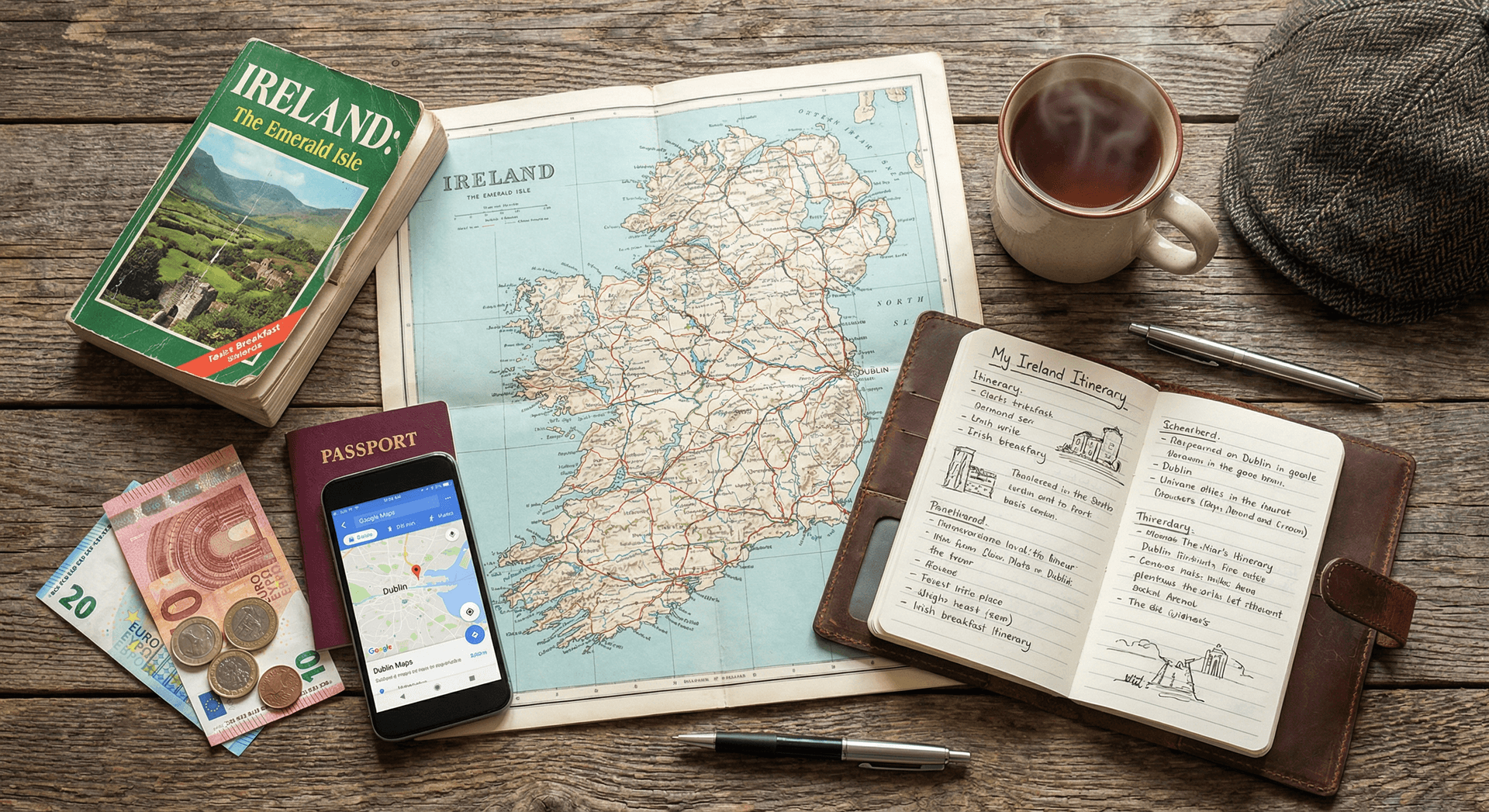 Ireland travel planning essentials on rustic table