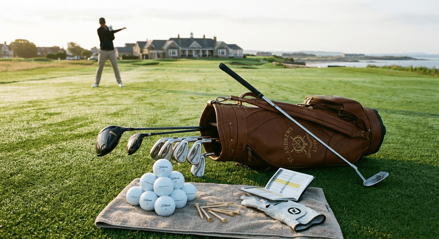 Golf equipment laid out on lush green fairway