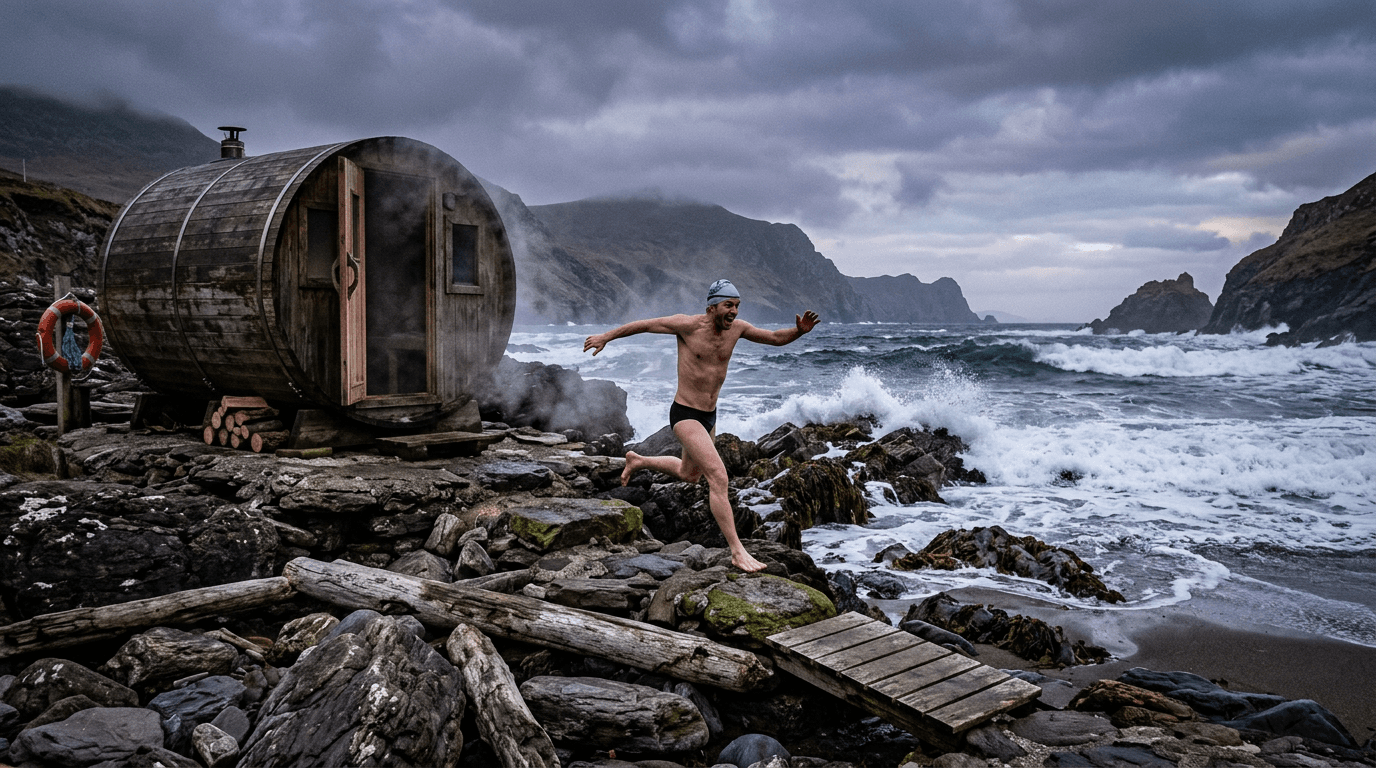 Running from a hot beach sauna into the freezing Atlantic Ocean for contrast therapy.