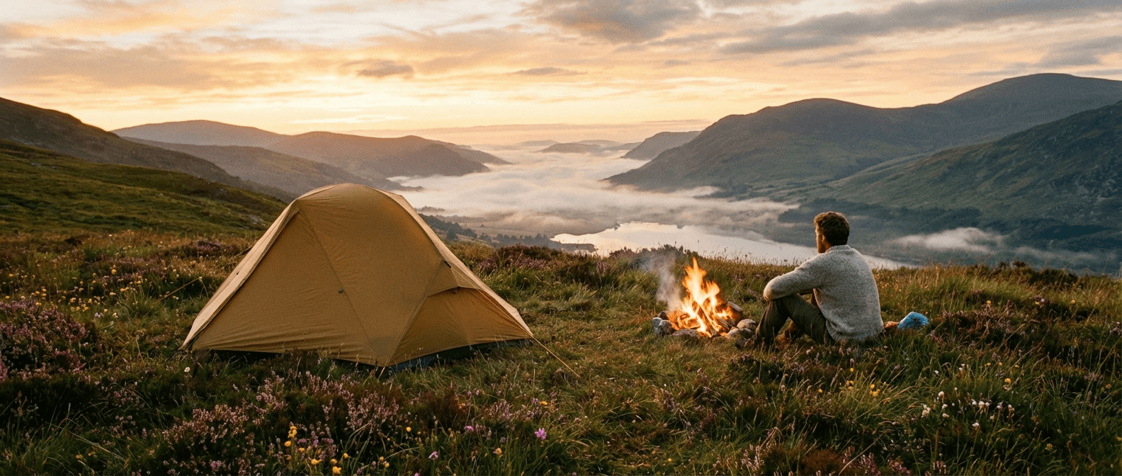 Wild camping tent in Irish mountains at golden hour with dramatic sky