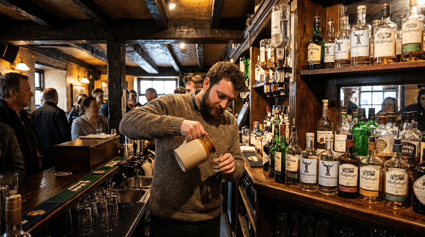 Bartender pouring poitín at traditional Irish pub with wooden interior, bottles of various poitín brands visible behind bar