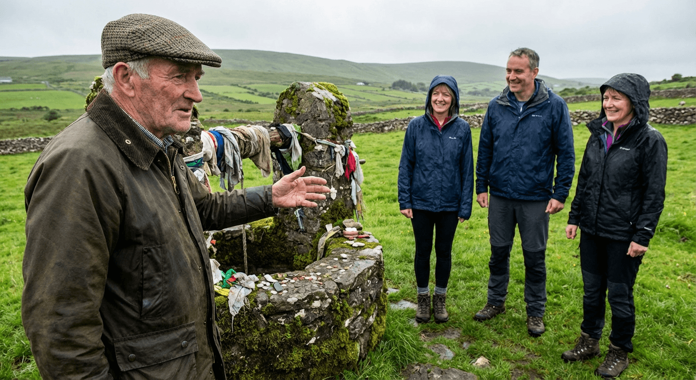 A local guide explaining holy well traditions to respectful visitors