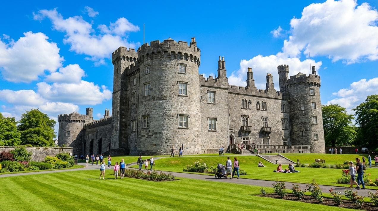 Kilkenny Castle on a sunny day with visitors, the main attraction for day trippers from Dublin just 90 minutes away