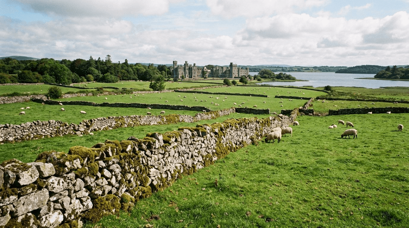Traditional dry stone walls bordering green fields with sheep grazing, Ashford Castle visible in distance, timeless rural Irish landscape