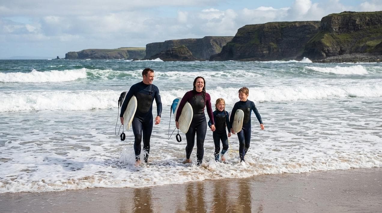 Active family enjoying a surf lesson on the Wild Atlantic Way.