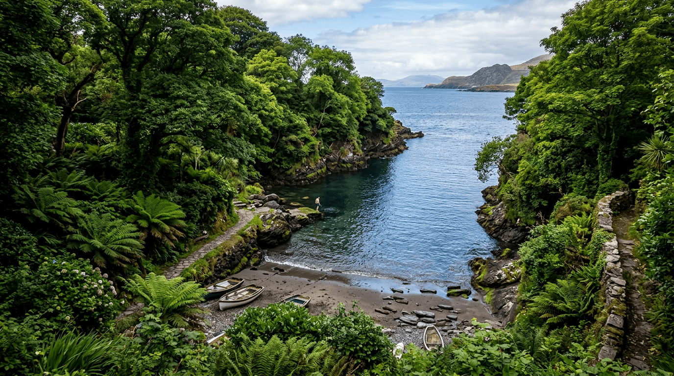 A lush, sheltered swimming spot on Valentia Island, Kerry, featuring a unique microclimate."