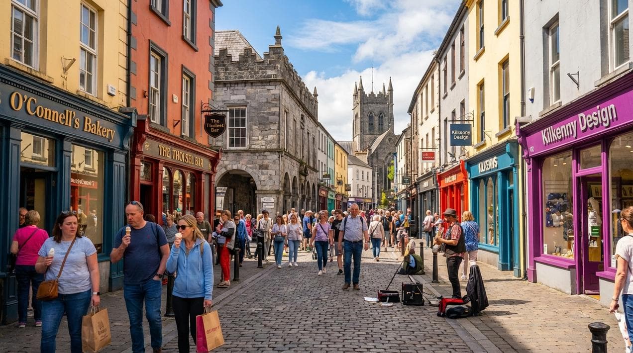 Busy High Street in Kilkenny Ireland showing the Medieval Mile with shops and historic architecture, perfect for day trippers from Dublin