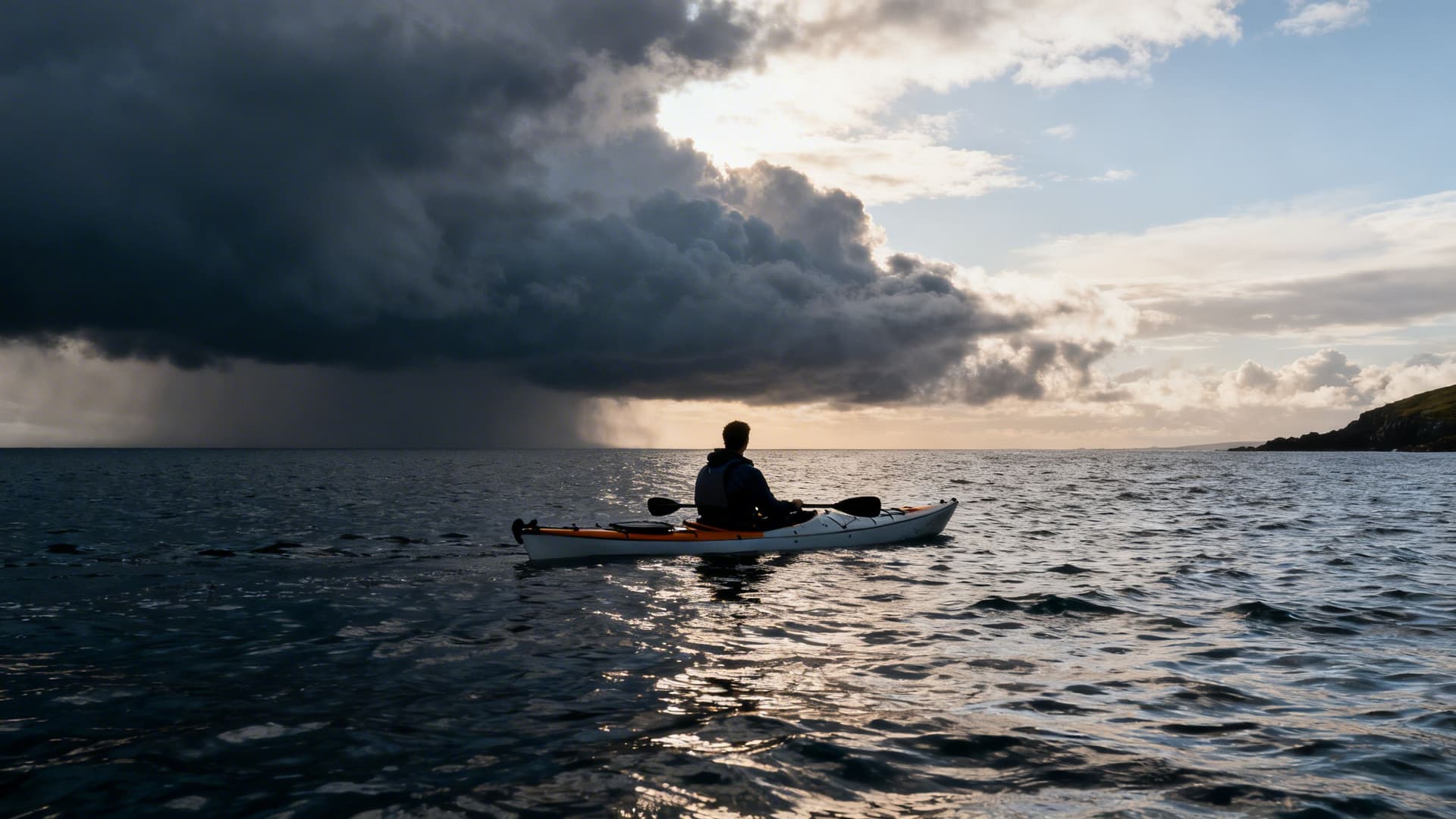 A sea kayaker reading the horizon from a headland on the Irish Atlantic coast, dark weather building to the northwest over open water, calm sea in the foreground