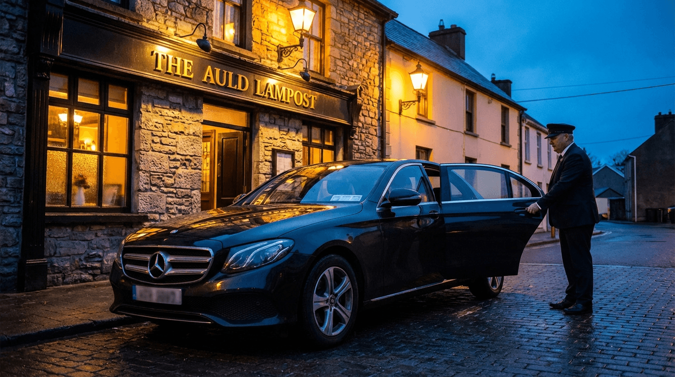 Modern Irish taxi sedan parked outside traditional country pub at dusk, driver in professional attire standing at right-side passenger door, Irish right-hand drive vehicle, license plate intentionally blurred and illegible, warm pub lighting in background