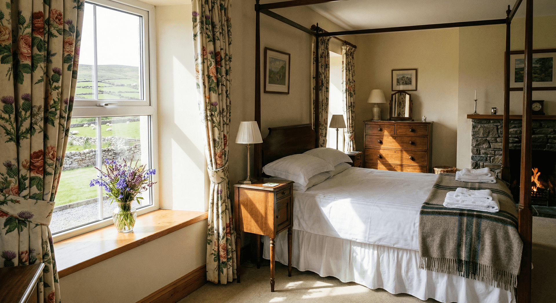 Cozy Irish B&B bedroom with countryside view