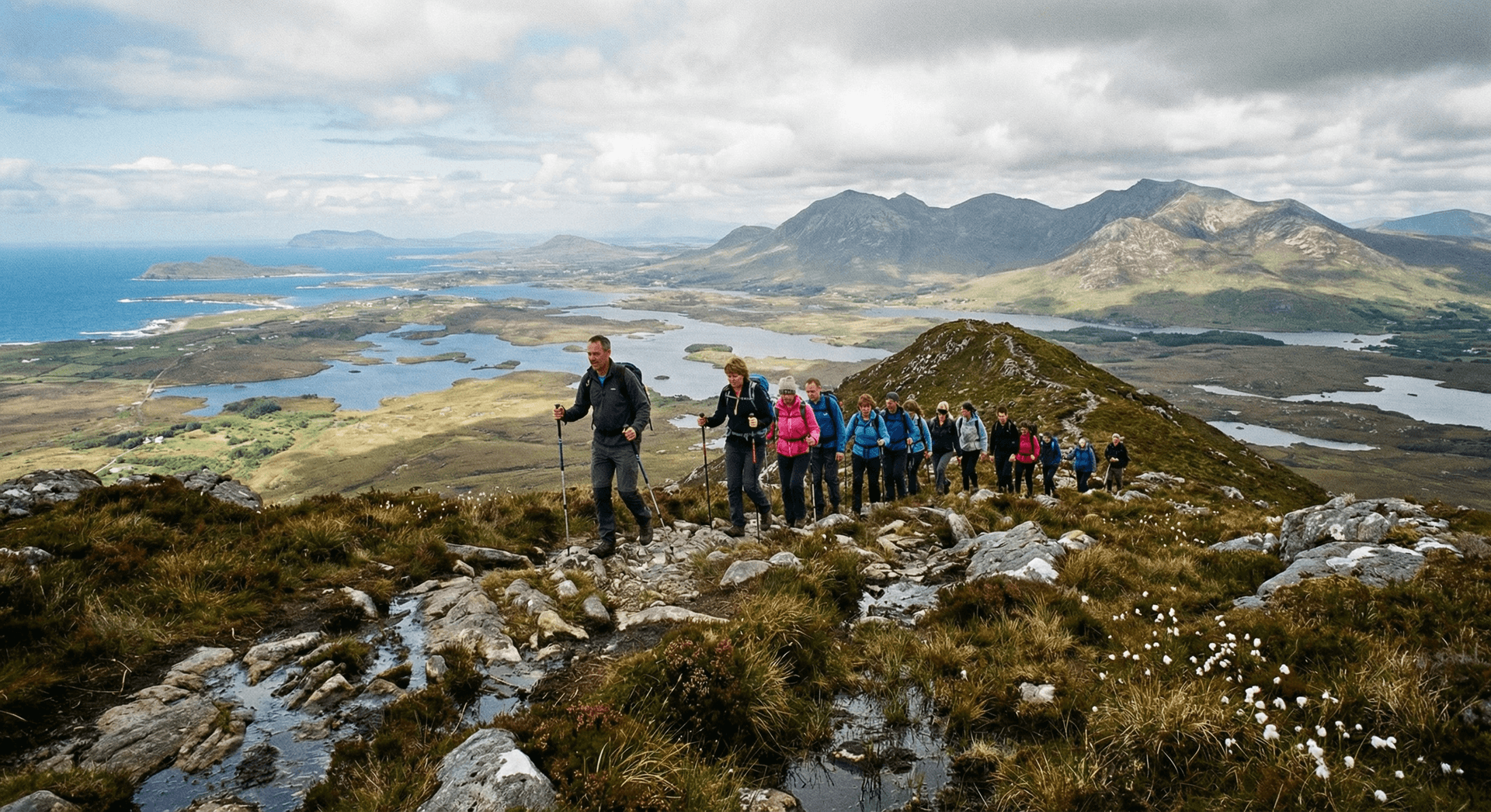Guided hiking group on mountain ridge in County Galway with panoramic views