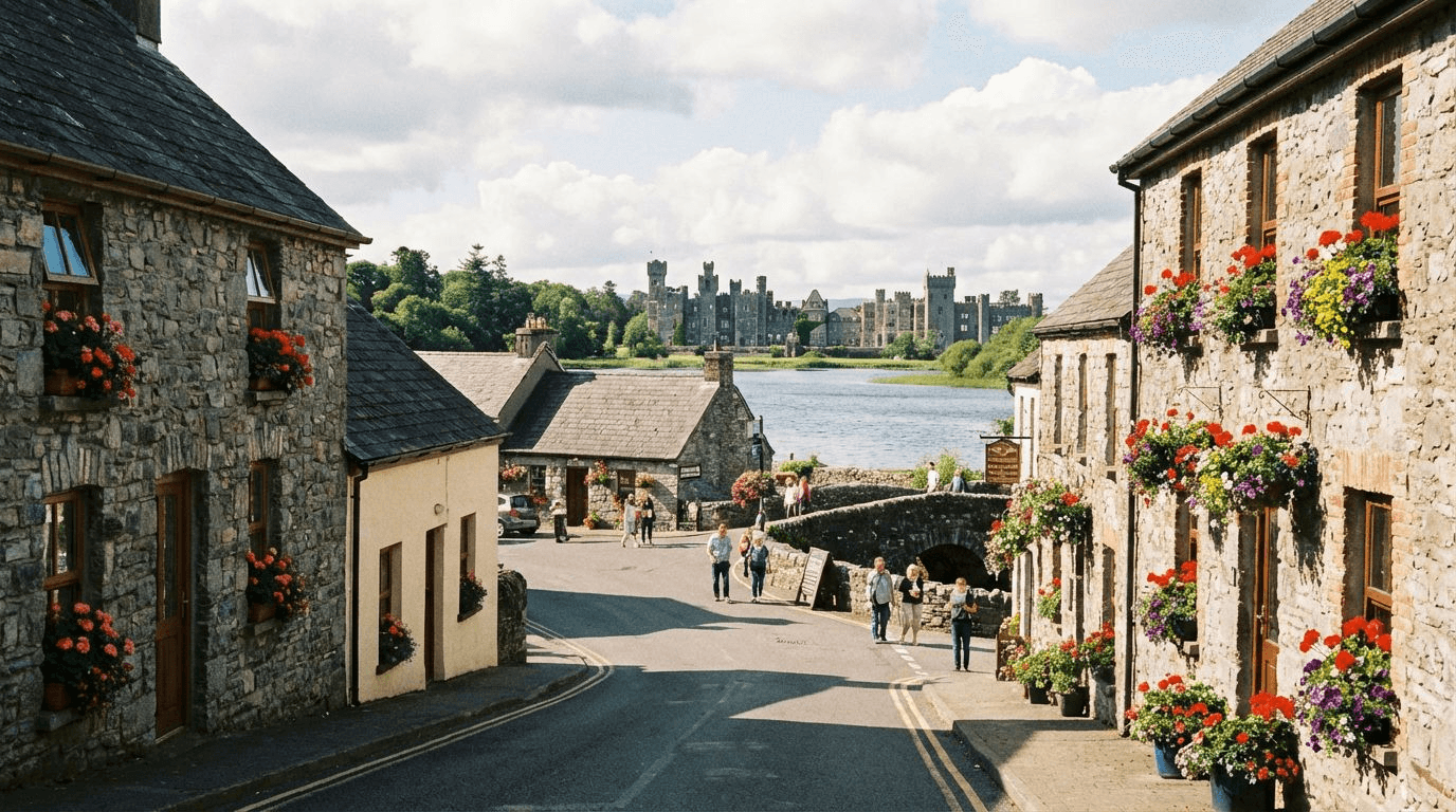 The village of Cong with traditional stone buildings, narrow streets, flowers in window boxes, Ashford Castle visible in the background, sunny day