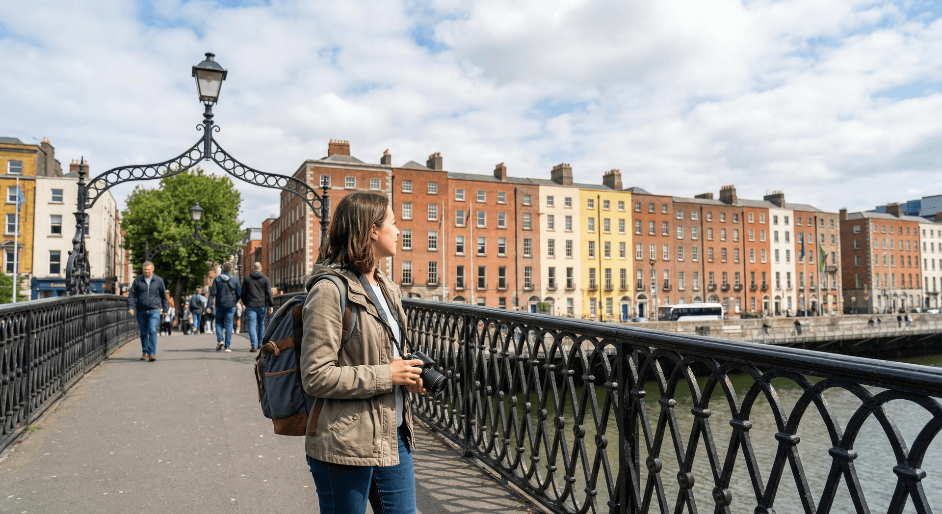 Solo female traveler walking across Ha'penny Bridge in Dublin