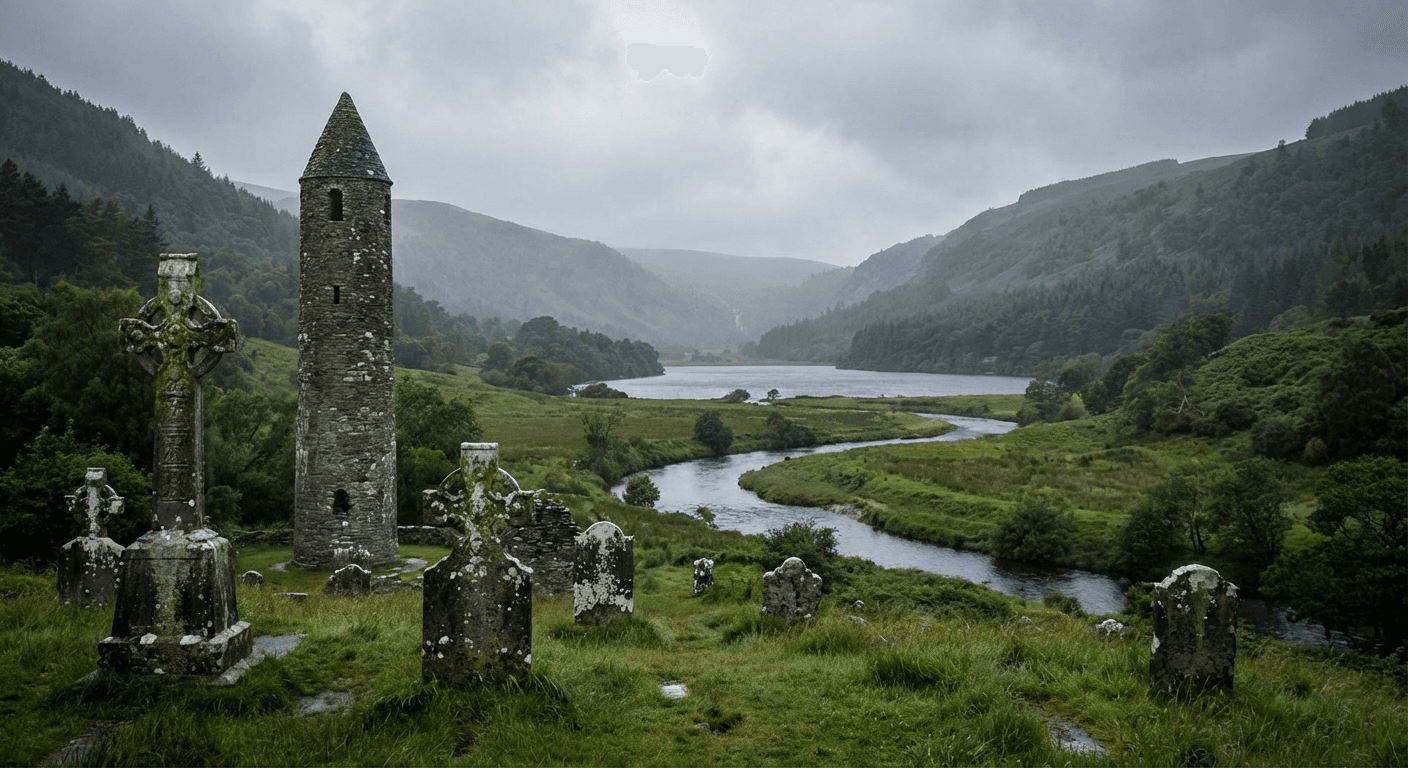 Glendalough monastic Round Tower with valley and mountains