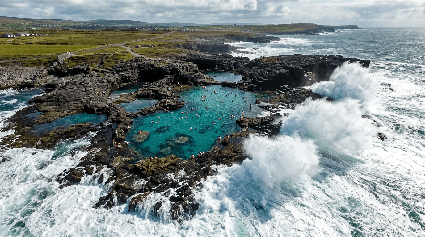 Floating in the calm, natural tidal pools of the Pollock Holes while the ocean crashes nearby.