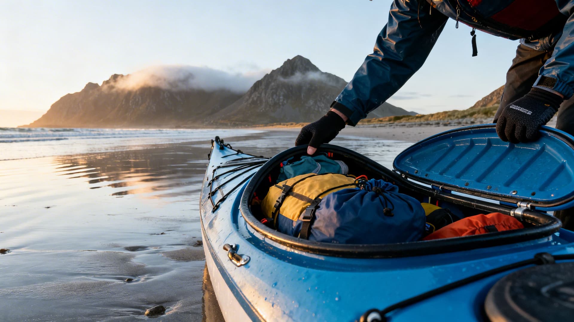 A fully loaded sea kayak on an Irish Atlantic beach at first light, hatches open with camping gear visible, the coastline stretching into the distance
