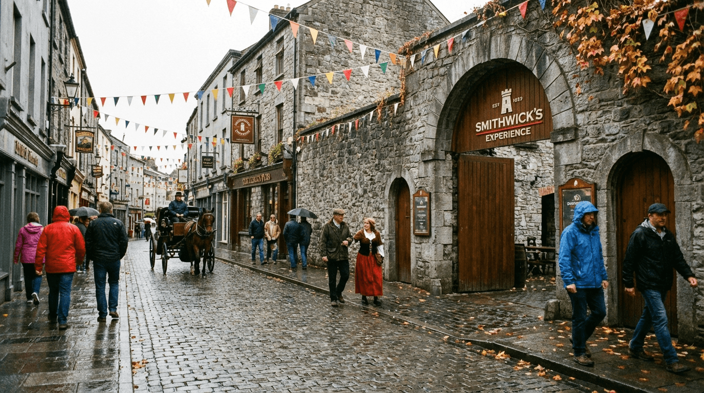 Historic medieval street in Kilkenny with stone buildings and Smithwick's Experience entrance, traditional Irish town atmosphere
