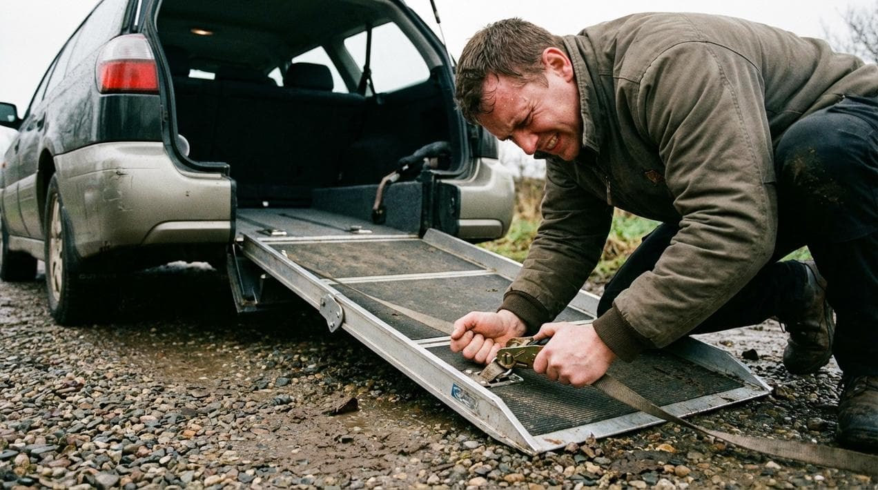 The physical effort of securing a wheelchair in a rental van.