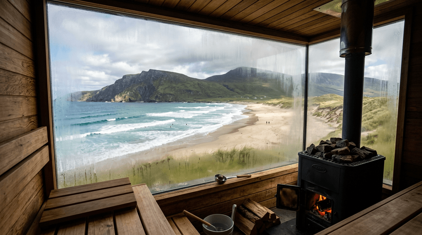 The view from inside a traditional cedar wood-fired sauna looking out at an Irish beach.