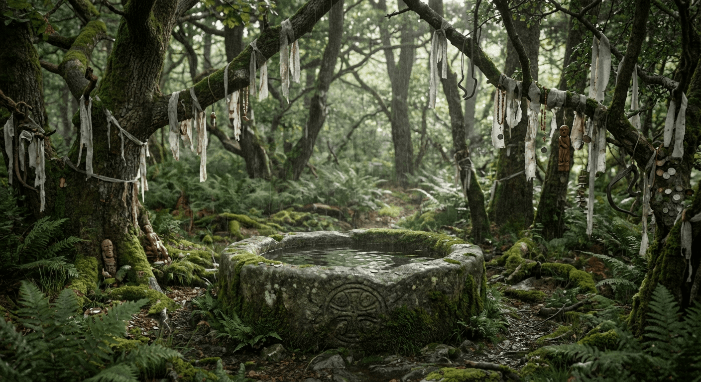 A weathered stone holy well surrounded by ancient trees with cloth strips tied to branches
