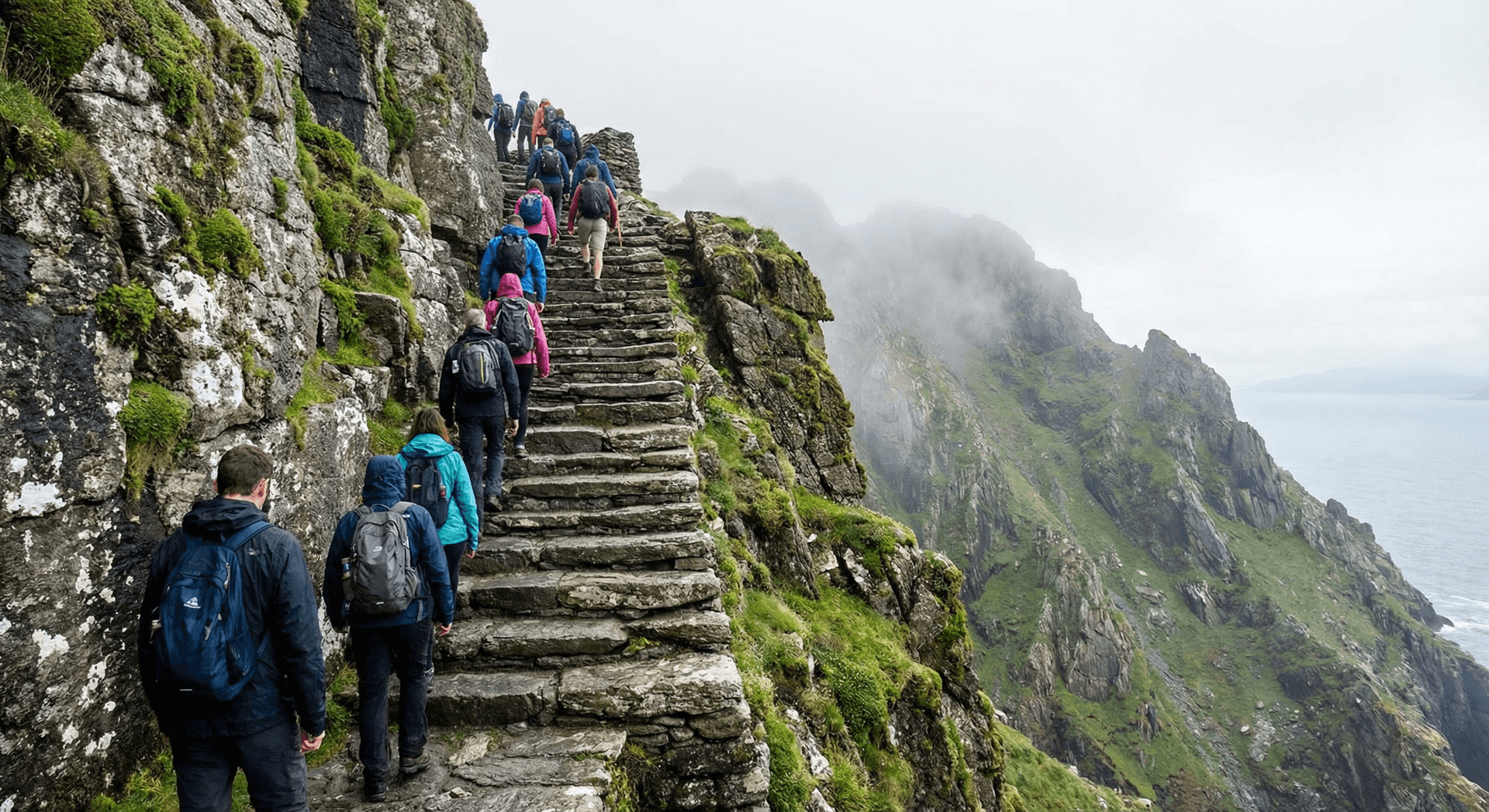 Stone steps carved into cliff face ascending Skellig Michael
