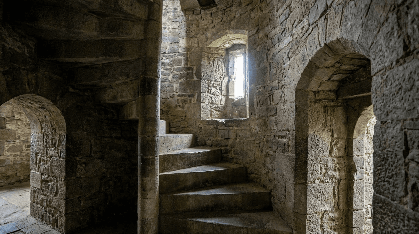 Interior view of Trim Castle keep showing the steep stone spiral staircase, narrow windows, medieval stonework
