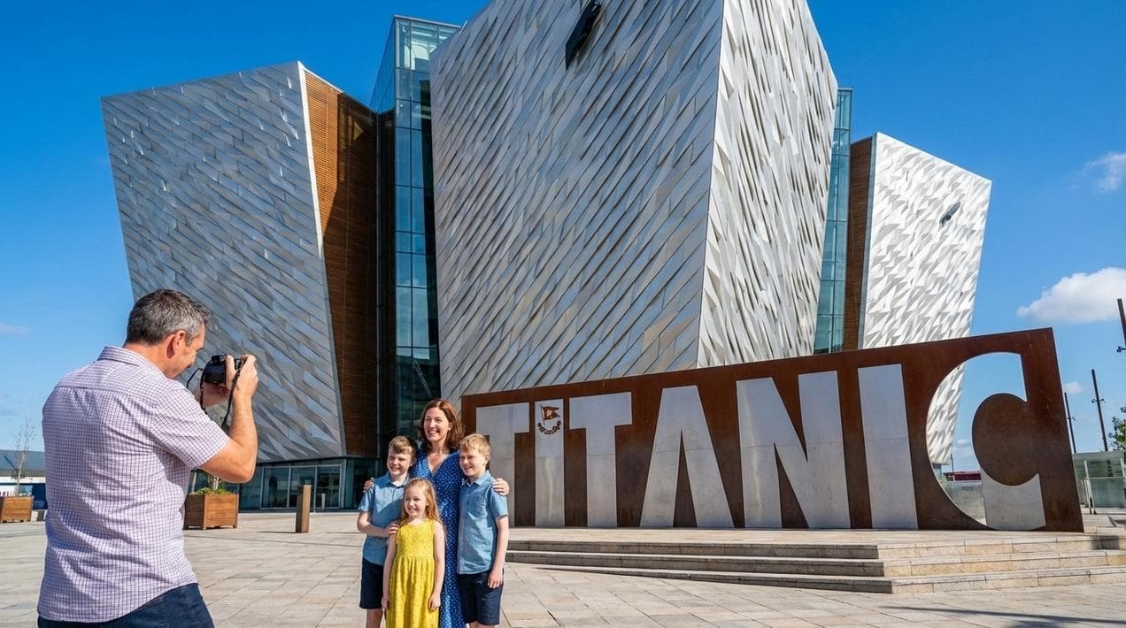 Family visiting the iconic Titanic Belfast museum.
