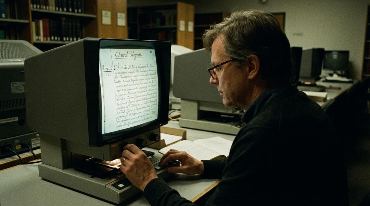 Researching parish records on microfilm in the National Library.