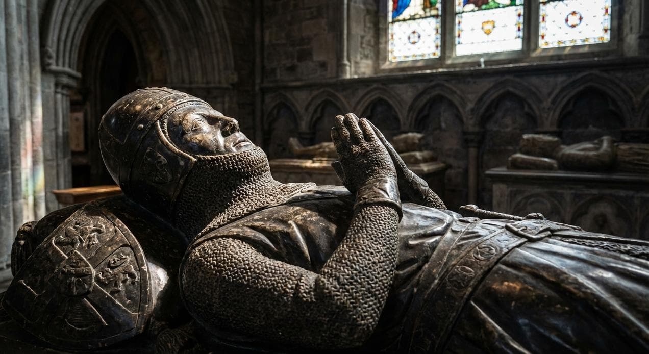 Medieval knight effigy tomb carved in Kilkenny marble at St Canice's Cathedral, showing preserved 14th century stonework detail
