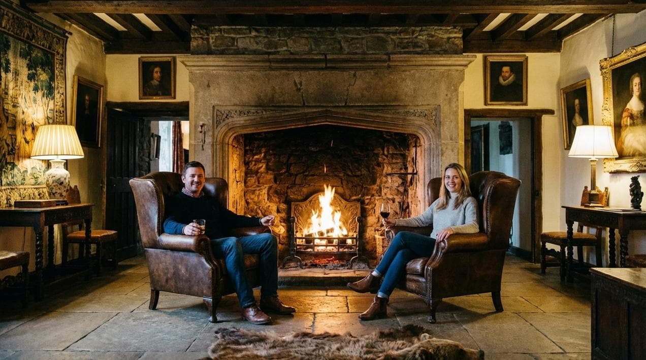 Relaxing by a roaring fire in a cozy castle drawing room in Donegal.