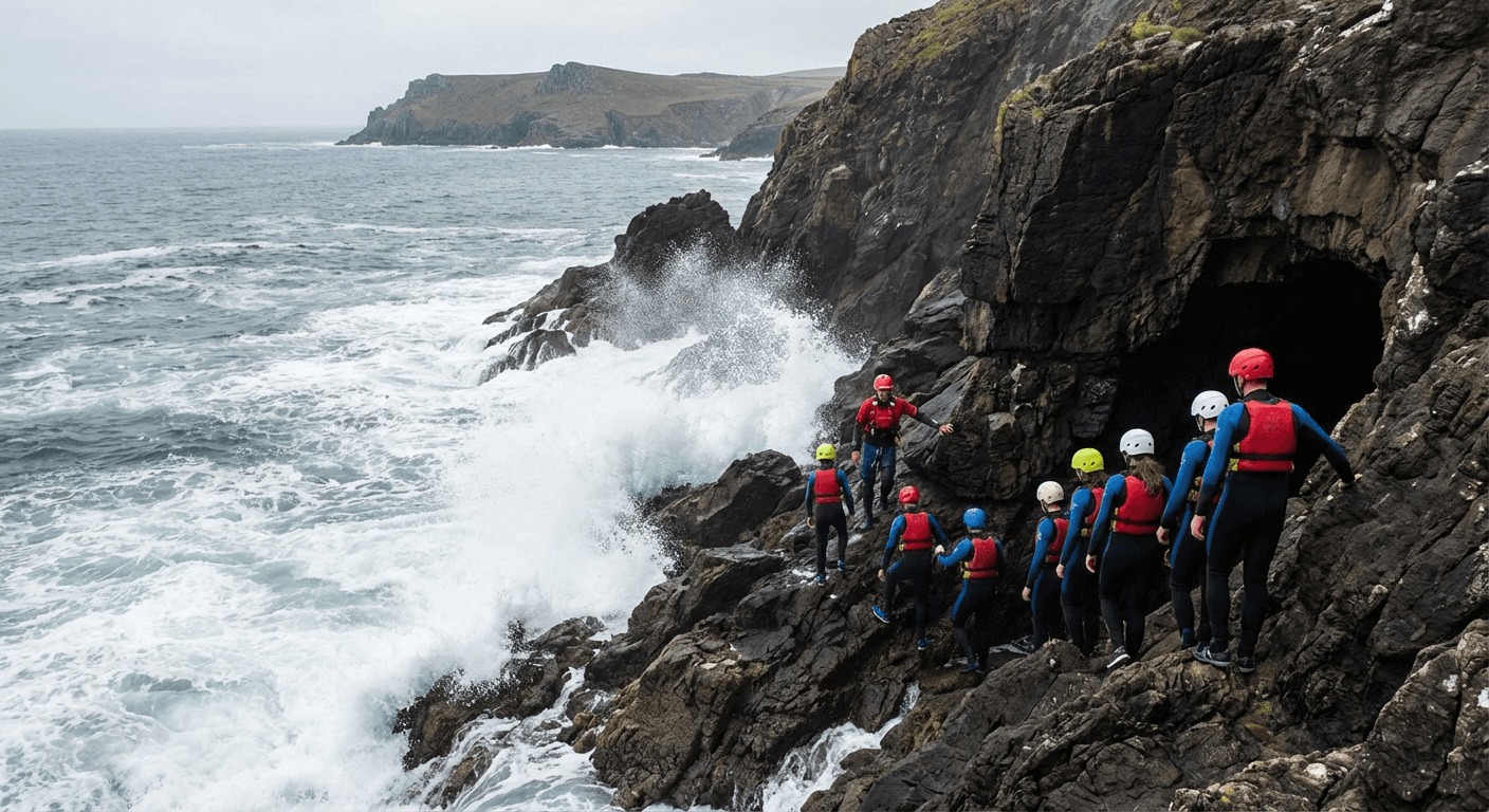 Group of people coasteering with professional guide along rocky Irish coastline