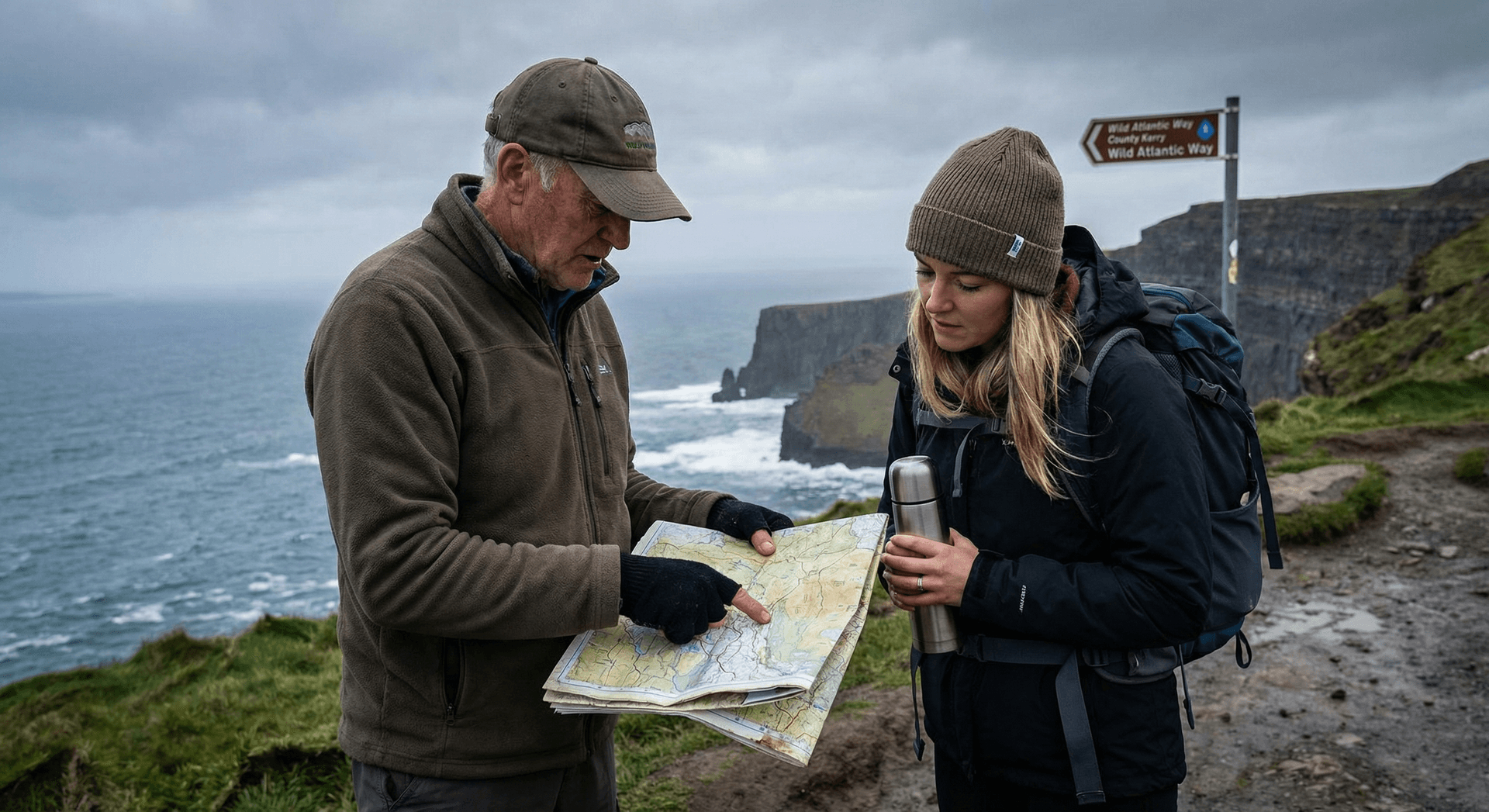Hiking guide consulting trail map with solo female traveler on Wild Atlantic Way