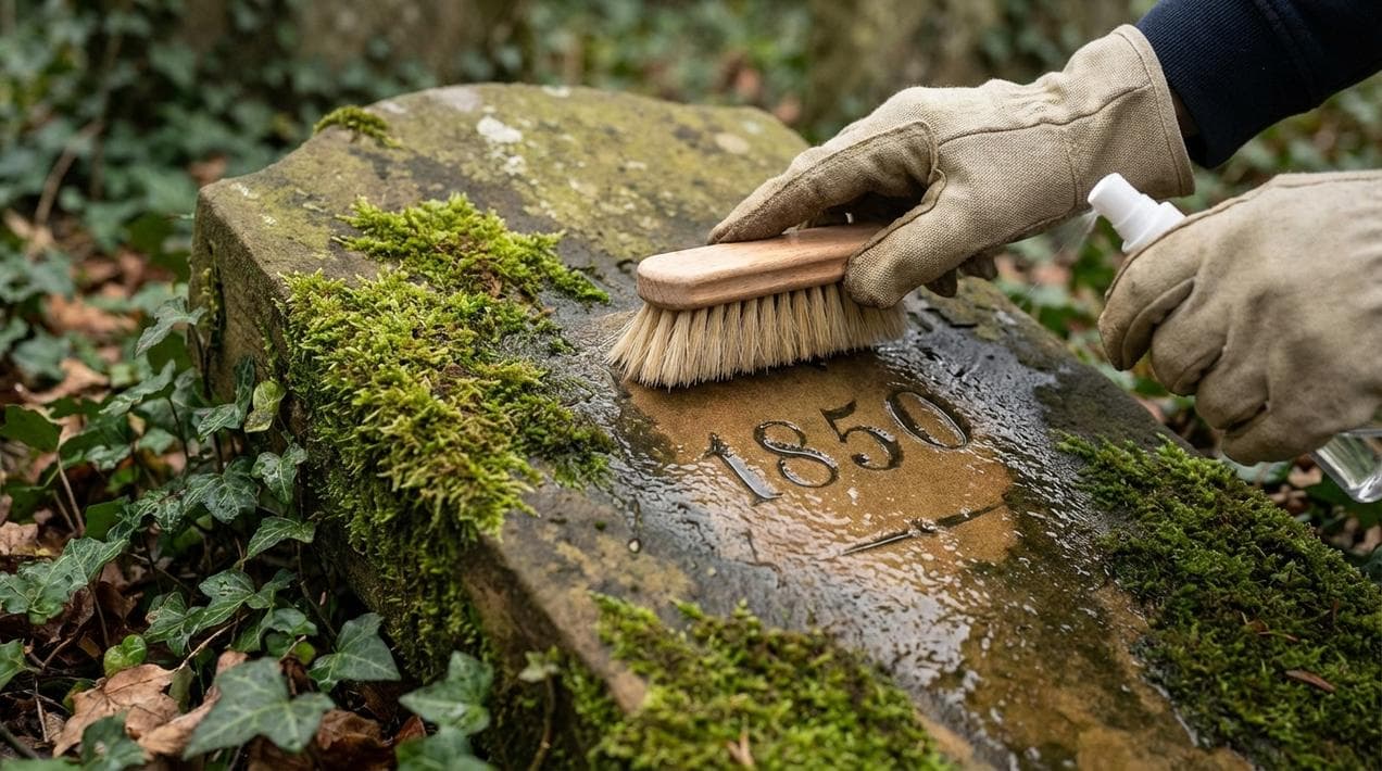 Correctly cleaning an old headstone using water and a soft brush.