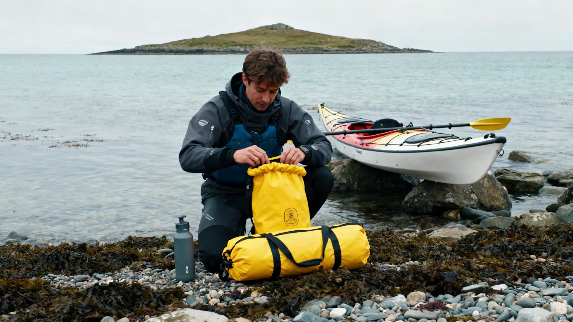 Kayaker on a small island shore opening a yellow roll-top dry bag, reusable water bottle visible, kayak beached on rocks, Atlantic horizon behind