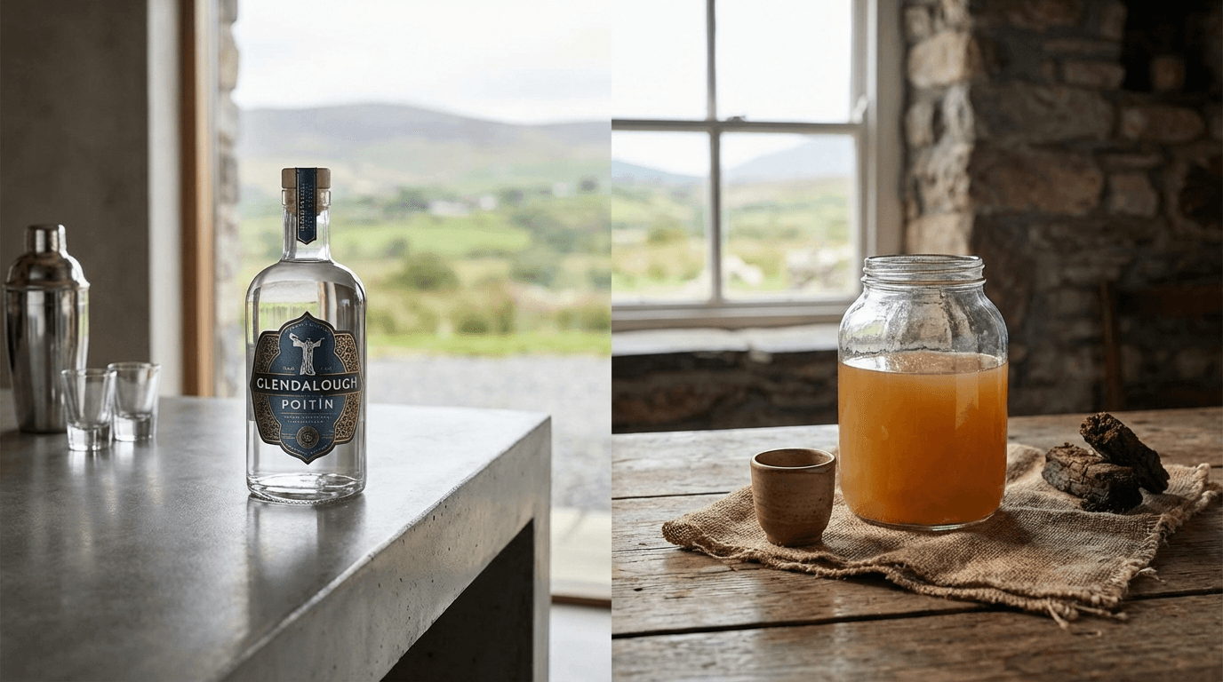 Comparison showing labeled commercial poitín bottle versus unmarked traditional poitín in clear glass container, rustic versus modern presentation