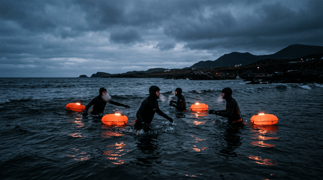 Winter swimmers using illuminated tow floats for safety during dark, early morning swims in Ireland.