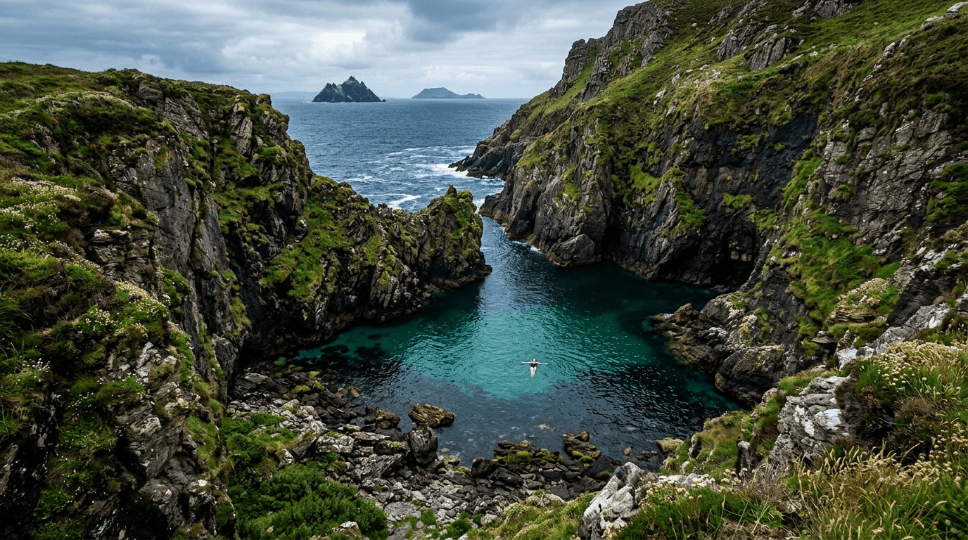 A secluded wild swimming spot on the remote Skellig Ring in County Kerry.