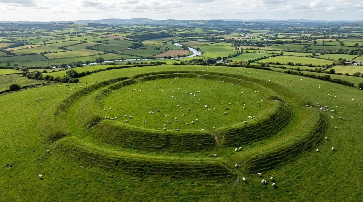 Aerial view of the earthworks at Tlachtga (Hill of Ward).