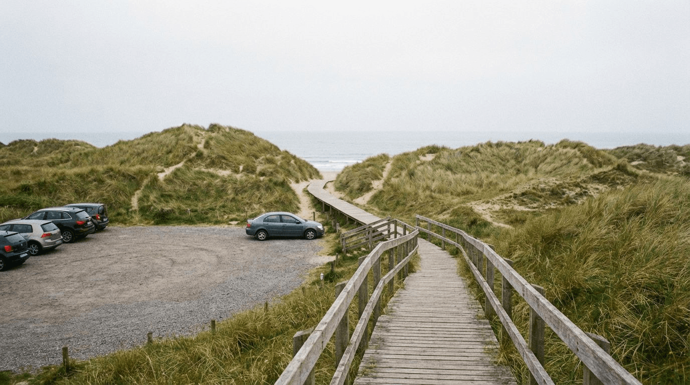 The main car park entrance at Curracloe Beach with sand dunes in the background, wooden boardwalk