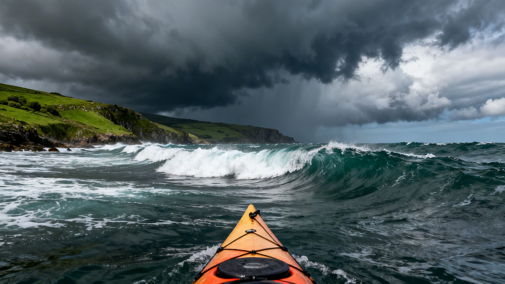 Atlantic groundswell rolling in toward the Irish west coast, dark water and white water at sea cliffs, viewed from kayak level