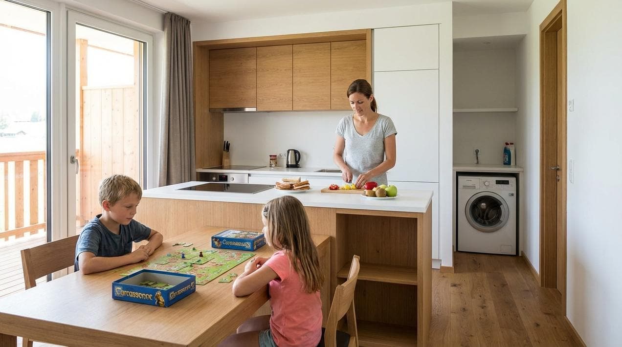 Interior of a serviced apartment with kitchen and visible laundry machine, ideal for family self-catering in Ireland.