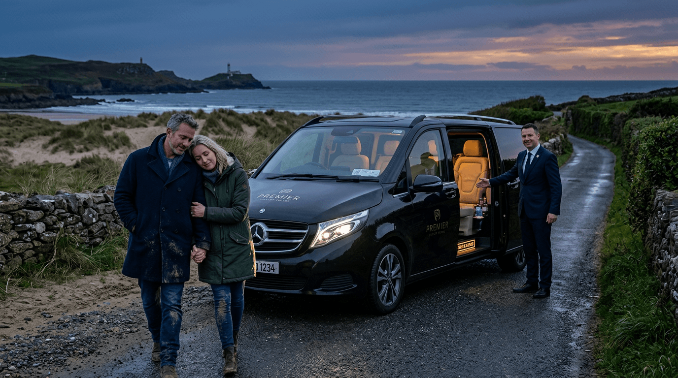A private driver waiting to safely transport relaxed guests after a beach sauna session in Ireland."