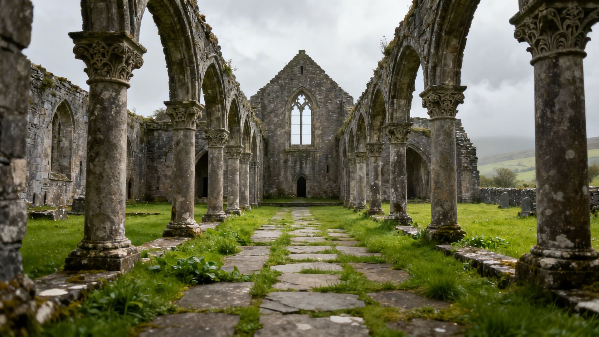 Creevelea Abbey cloister arcade with carved stone pillars standing in a quiet field outside Dromahair village in County Leitrim