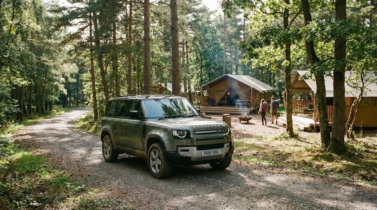 Arriving at a remote luxury glamping site by private car.